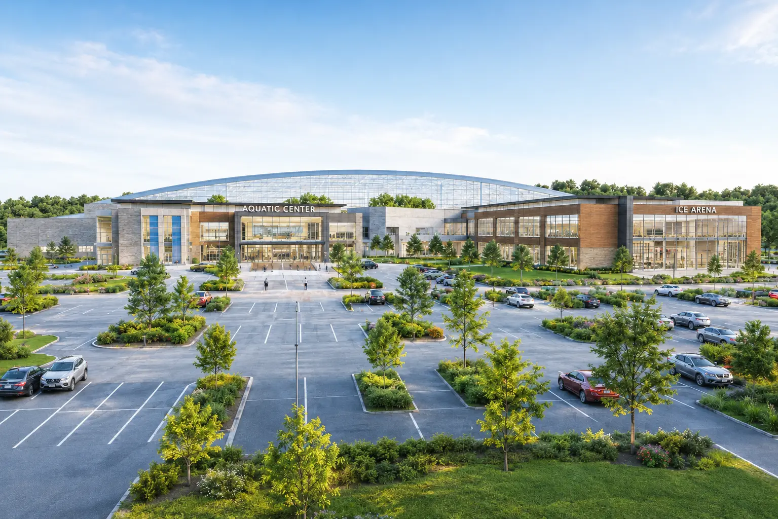 Exterior rendering of a combined aquatic center and ice arena under a curved glass roof, with entrance signage reading Aquatic Center and Ice Arena above a landscaped parking lot.