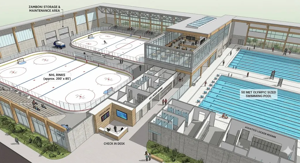 Conceptual aerial rendering of a proposed aquatic and ice center showing two NHL-size ice rinks, two 50-meter pools, locker rooms, and a second-floor viewing area.