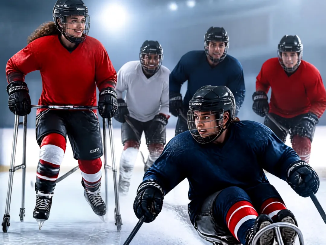 A sled hockey player driving across the ice, with teammates behind including a skater using a walker-style skating aid.