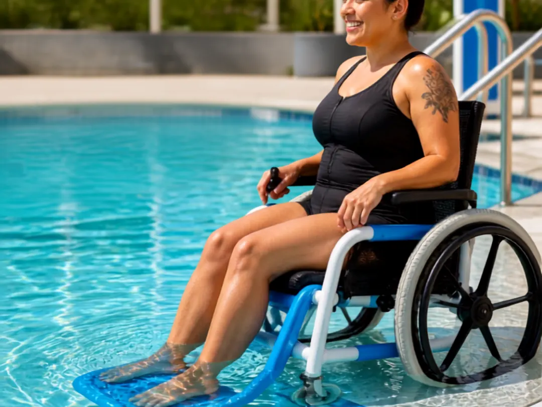A woman seated in a blue aquatic wheelchair at the edge of a pool, her feet resting on the footplate in the shallow water.